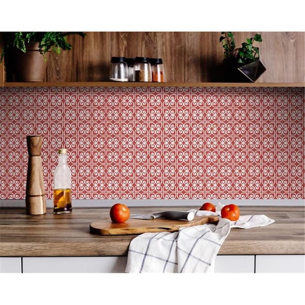 Gfancy Fixtures 4 x 4 in. Brick Red & White Scroll Peel & Stick Removable Tiles - GF2456765