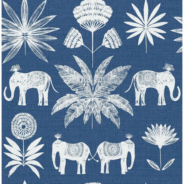 Manhattan Comfort Marseille Bazaar Blue Elephant Oasis 33 ft L X 205 in W Wallpaper - BR4014-26436