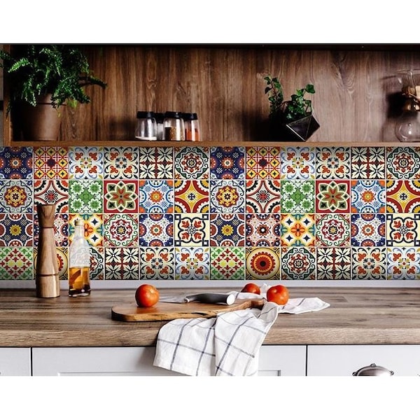 Homeroots 4 x 4 in. Blue Red Yellow Mosaic Peel & Stick Tiles - 400065