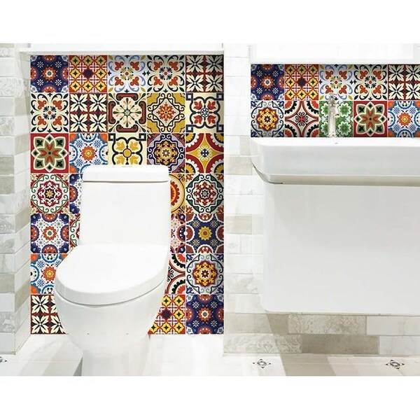 Homeroots 4 x 4 in. Blue Red Yellow Mosaic Peel & Stick Tiles - 400065