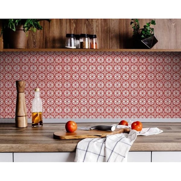 Homeroots 6 x 6 in. Brick Red & White Scroll Peel & Stick Removable Tiles - 400422