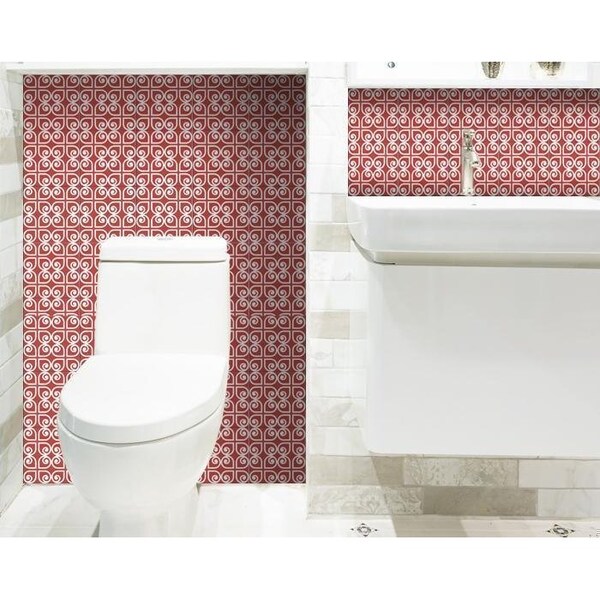 Homeroots 6 x 6 in. Brick Red & White Scroll Peel & Stick Removable Tiles - 400422