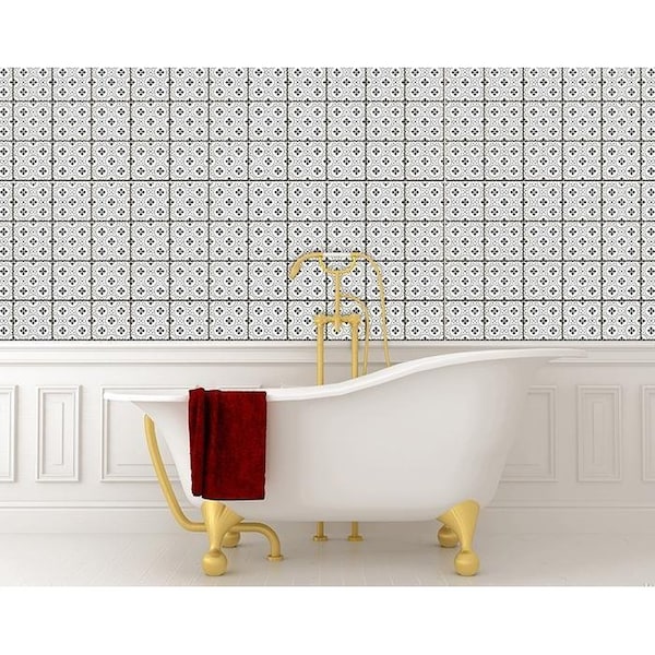 Homeroots 4 x 4 in. Black & White Rosa Peel & Stick Removable Tiles - 399955