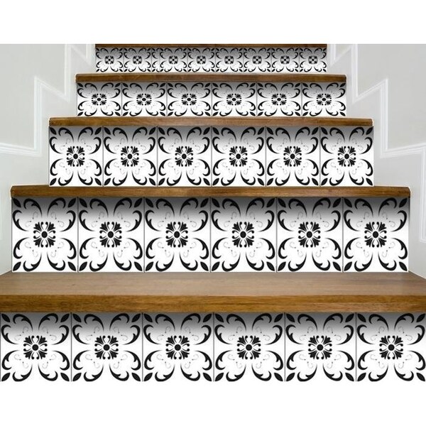 Homeroots 7 x 7 in. Black & White Delia Peel & Stick Removable Tiles - 399893
