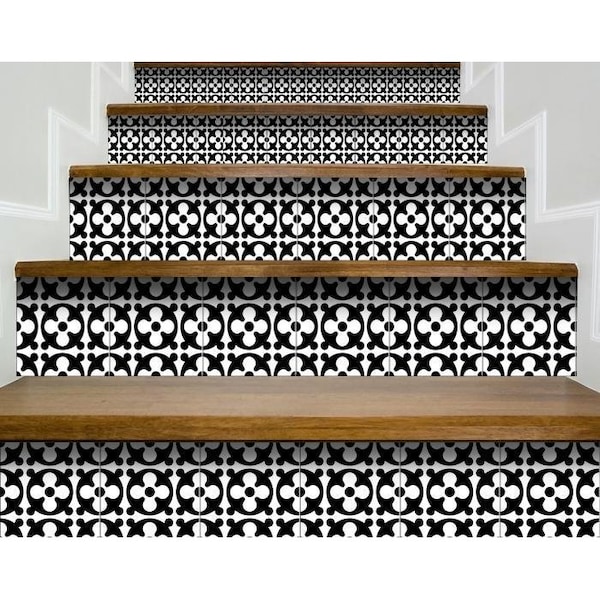 Homeroots 8 x 8 in. Black & White Medeci Peel & Stick Removable Tiles - 399979