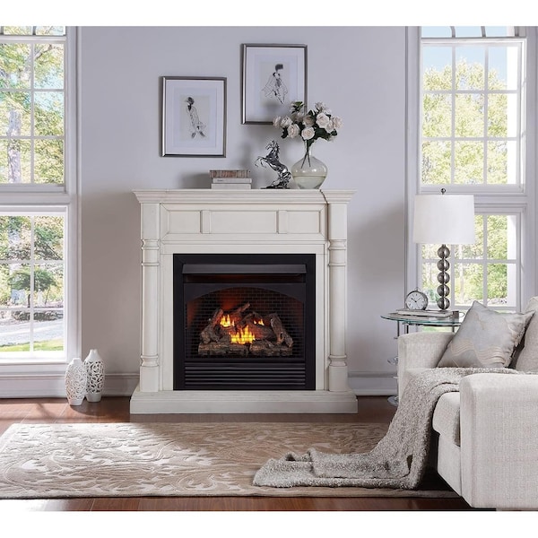Procom Heating Full Size Dual Fuel Ventless Gas Fireplace W/ Mantel, 32,000 BTU, Remote Control, Antique White Finish - FBNSD32RT-2AW