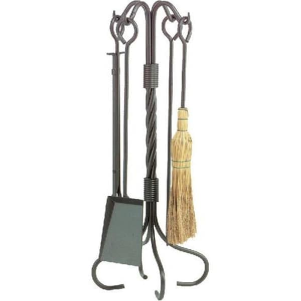 Dagan Wrought Iron Fireplace Tool Set - Corn Broom & Twist Stand, Natural Iron - 5 Piece - 5810NI