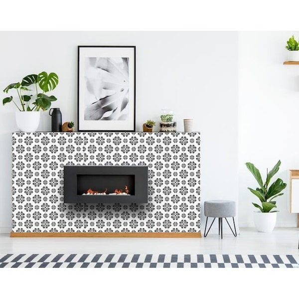 Homeroots 6 x 6 in. Black & White Daisy Peel & Stick Removable Tiles - 399882