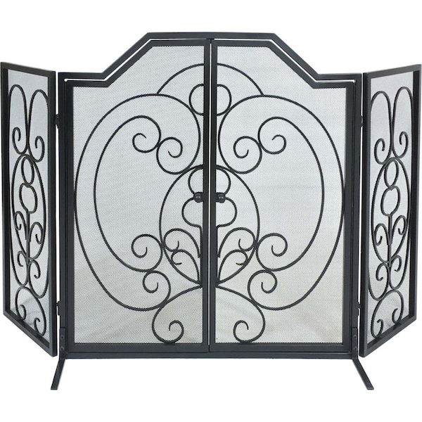 Dagan 3 Fold Center Arched Wrought Iron Screen with Doors, Black - S169
