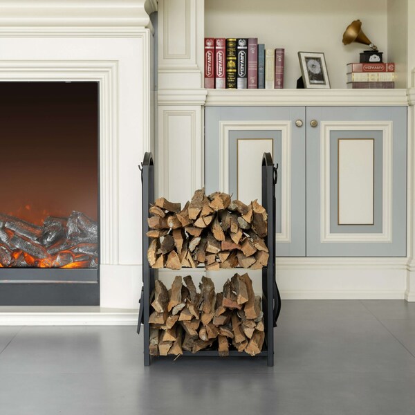 Gardenised Indoor and Outdoor Patio Iron Firewood Log Cart with Fireplace Tool Rack, Black - QI004554