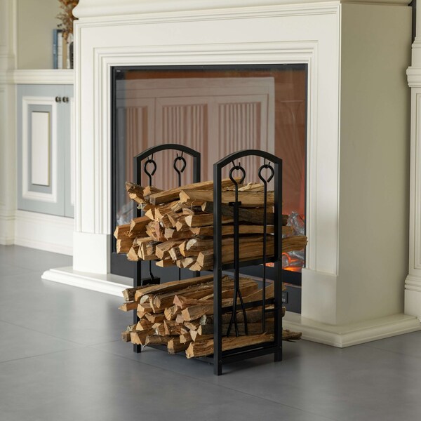 Gardenised Indoor and Outdoor Patio Iron Firewood Log Cart with Fireplace Tool Rack, Black - QI004554