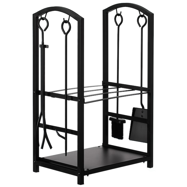 Gardenised Indoor and Outdoor Patio Iron Firewood Log Cart with Fireplace Tool Rack, Black - QI004554