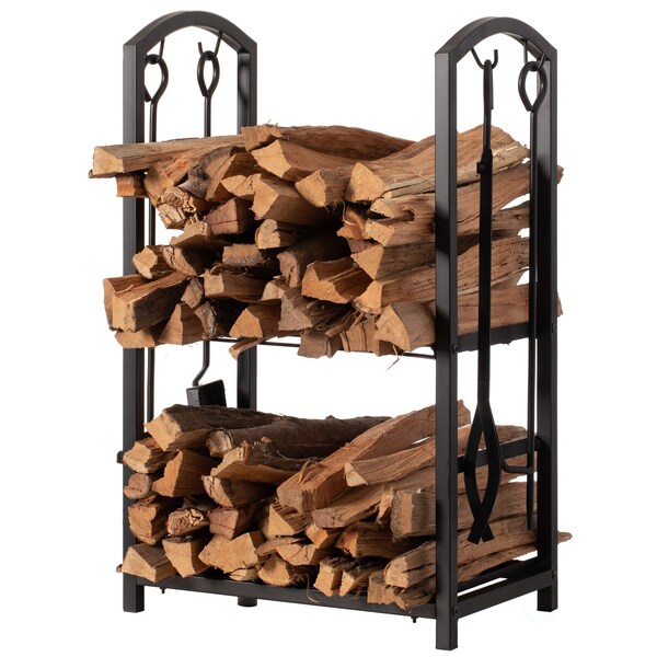 Gardenised Indoor and Outdoor Patio Iron Firewood Log Cart with Fireplace Tool Rack, Black - QI004554
