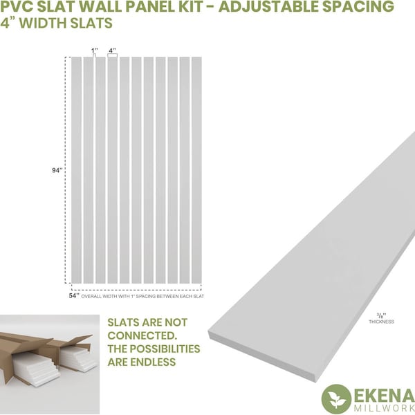 Ekena Millwork 94H x 3/8T Adjustable PVC Slat Wall Panel Kit w/ 4W Slats, Unfinished contains 11 Slats - SWP55X94X0375UN