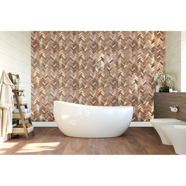 Ekena Millwork Herringbone Boat Wood Mosaic Wall Tile, Natural Finish, 11 7/8"W x 11 7/8"H x 1/2"P - WPW12X12HEMENA