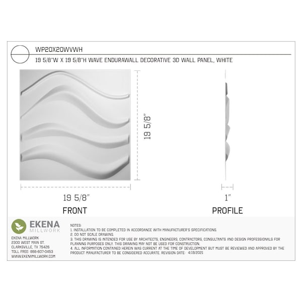 Ekena Millwork Wave EnduraWall Decorative 3D Wall Panel, White, 19 5/8"W x 19 5/8"H - WP20X20WVWH