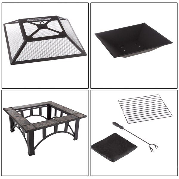 Pure Garden Round Outdoor Wood-Burning Fireplace, 5-Piece Fire Pit Set, 25 lb Box of Fire Starters - 50-107FW