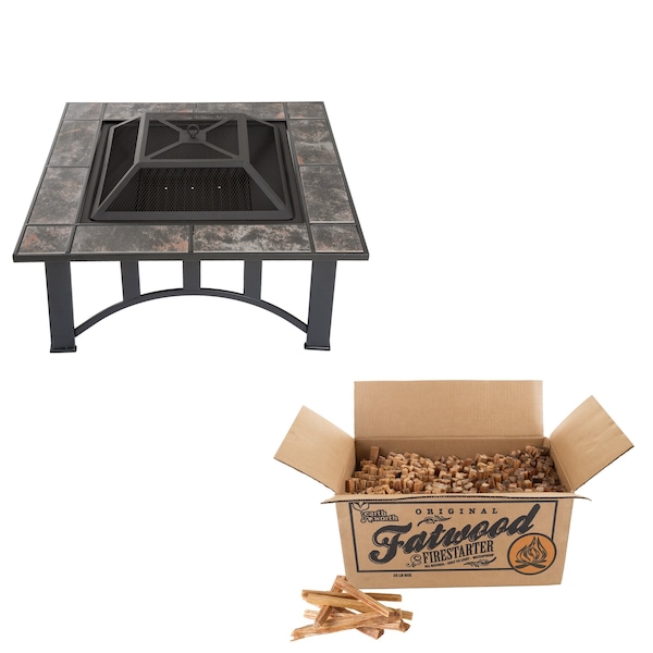 Pure Garden Round Outdoor Wood-Burning Fireplace, 5-Piece Fire Pit Set, 25 lb Box of Fire Starters - 50-107FW