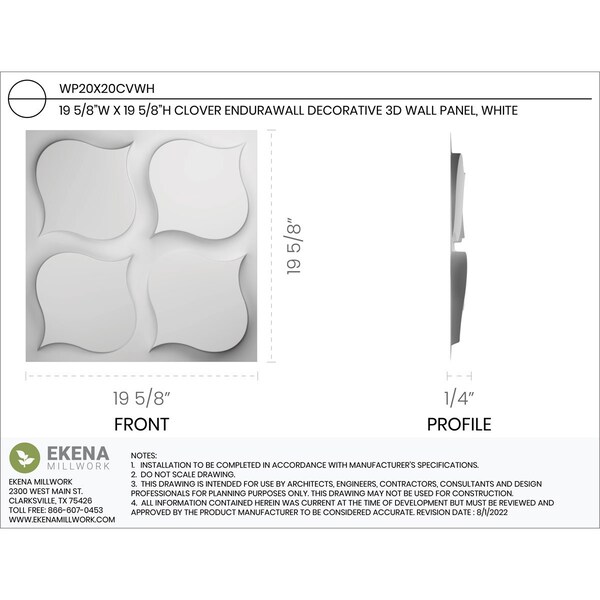 Ekena Millwork 19 5/8in. W x 19 5/8in. H Clover EnduraWall Decorative 3D Wall Panel, White, 20PK - WP20X20CVWH-CASE-20
