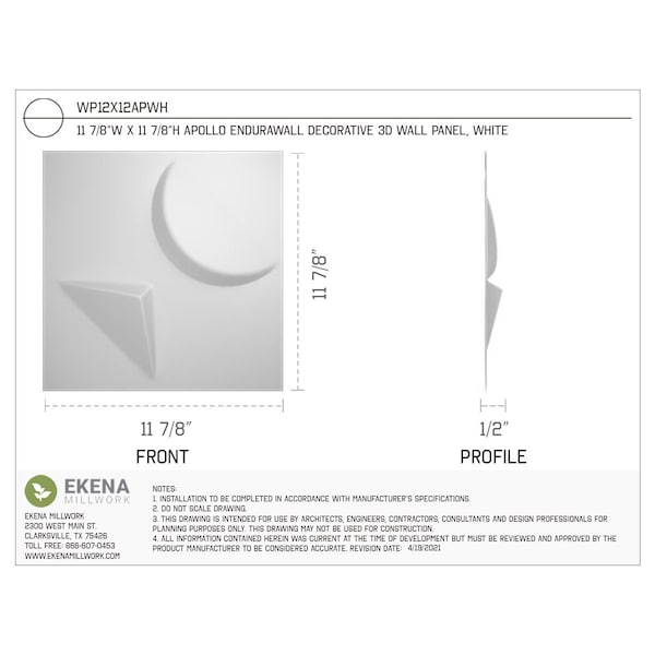 Ekena Millwork 11 7/8in. W x 11 7/8in. H Apollo EnduraWall Decor 3D Wall Panel Covers, Total 9.79 Sq. Ft., 10PK - WP12X12APWH-CASE-10