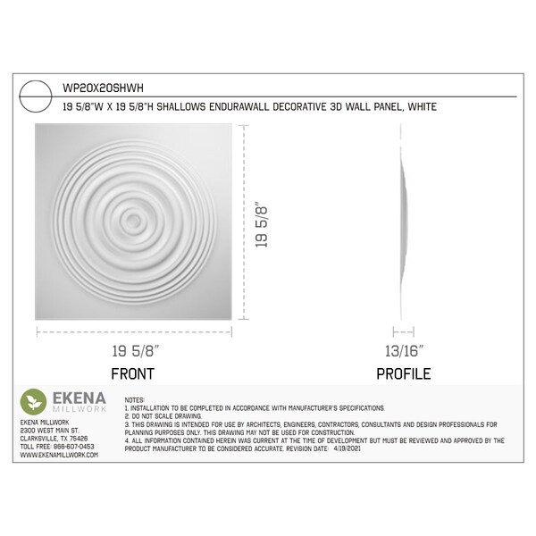 Ekena Millwork 19 5/8in. W x 19 5/8in. H Shallows EnduraWall Decor 3D Wall Panel Covers, Total 26.75 Sq. Ft., 10PK - WP20X20SHWH-CASE-10