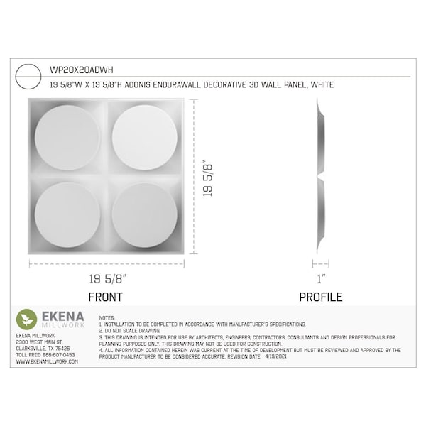 Ekena Millwork 19 5/8in. W x 19 5/8in. H Adonis EnduraWall Decor 3D Wall Panel Covers Total 53.49 Sq. Ft., 20PK - WP20X20ADWH-CASE-20
