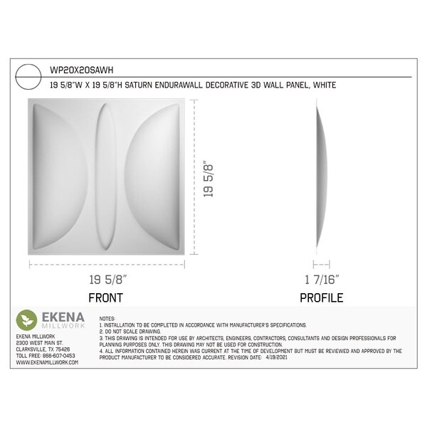 Ekena Millwork 19 5/8in. W x 19 5/8in. H Saturn EnduraWall Decor 3D Wall Panel Covers, Total 32.1 Sq. Ft., 12PK - WP20X20SAWH-CASE-12