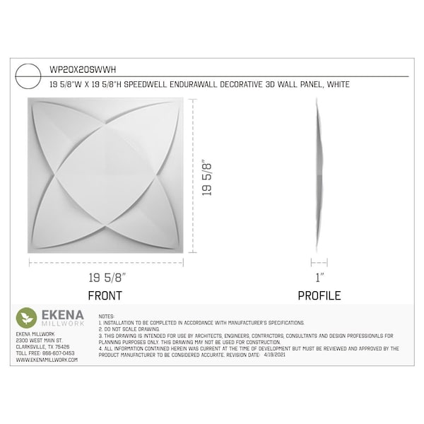 Ekena Millwork 19 5/8in. W x 19 5/8in. H Speedwell EnduraWall Decor 3D Wall Panel Covers Total 53.49 Sq. Ft., 20PK - WP20X20SWWH-CASE-20