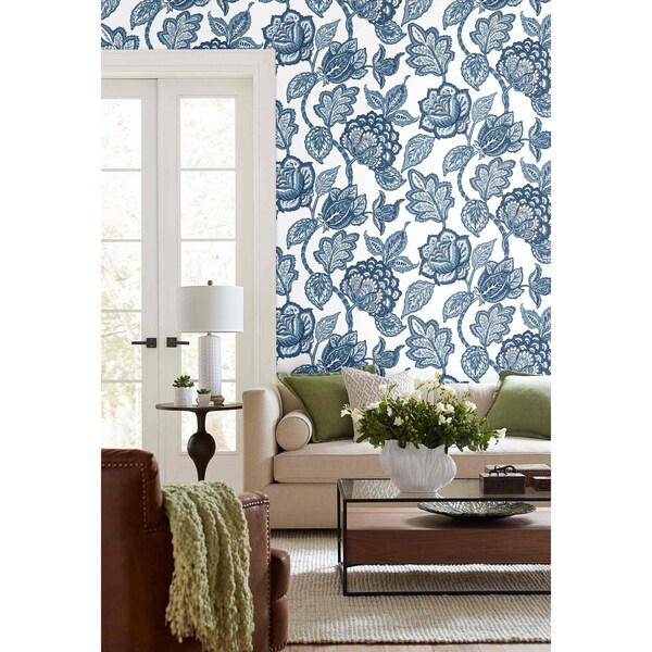 York Wallcoverings White and Blue Midsummer Jacobean Wallpaper - CY1535