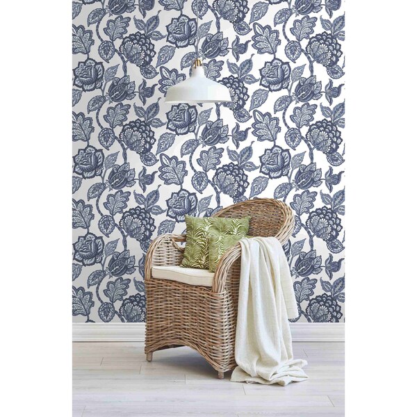 York Wallcoverings White and Blue Midsummer Jacobean Wallpaper - CY1535