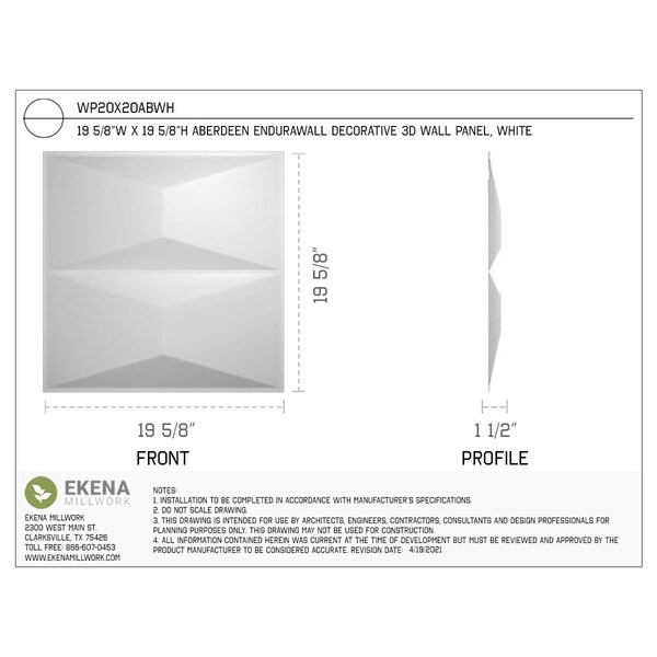 Ekena Millwork 19 5/8in. W x 19 5/8in. H Aberdeen EnduraWall Decor 3D Wall Panel Covers Total 53.49 Sq. Ft., 20PK - WP20X20ABWH-CASE-20