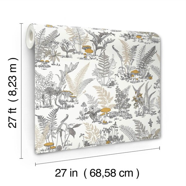 York Wallcoverings Mushroom Garden Toile Neutral and Gold Wallpaper - RT7892