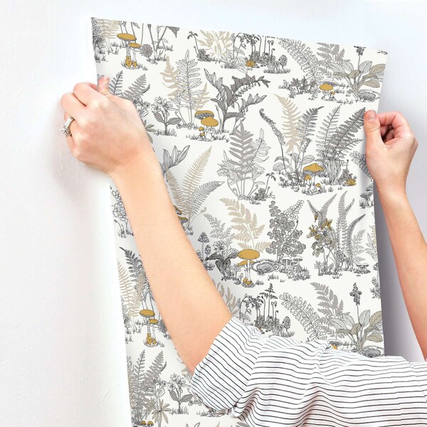 York Wallcoverings Mushroom Garden Toile Neutral and Gold Wallpaper - RT7892