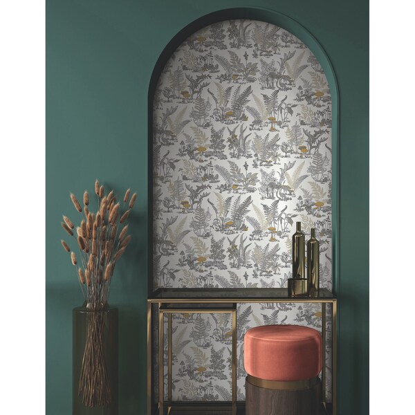 York Wallcoverings Mushroom Garden Toile Neutral and Gold Wallpaper - RT7892