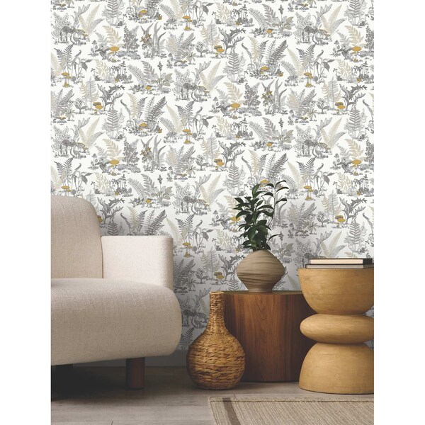 York Wallcoverings Mushroom Garden Toile Neutral and Gold Wallpaper - RT7892