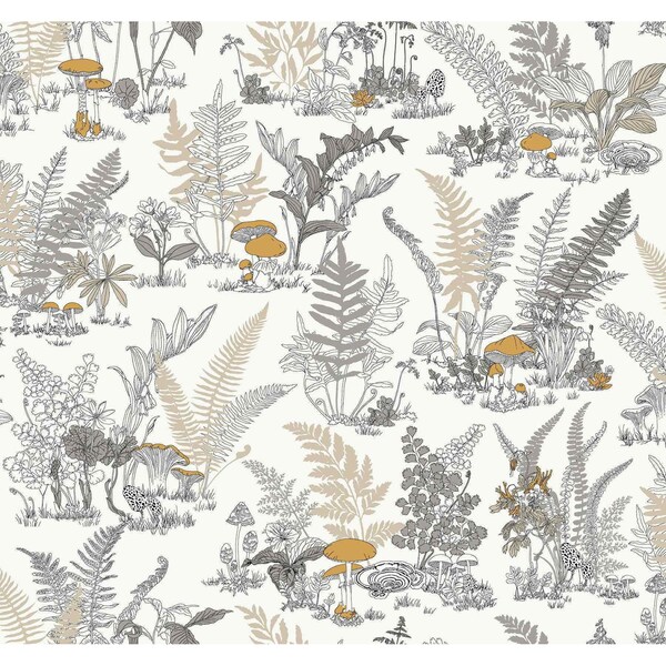 York Wallcoverings Mushroom Garden Toile Neutral and Gold Wallpaper - RT7892