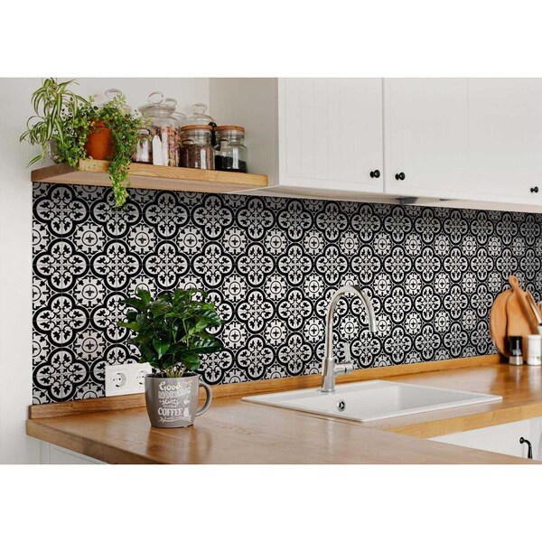 Homeroots 8 x 8 in. Black & White Roka Peel & Stick Removable Tiles - 399939