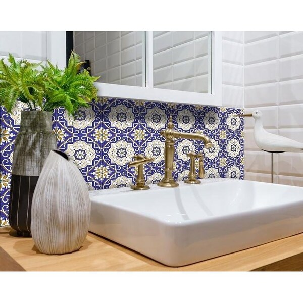 Homeroots 8 x 8 in. Blue, White & Gold Mosaic Removable Tiles - 399834
