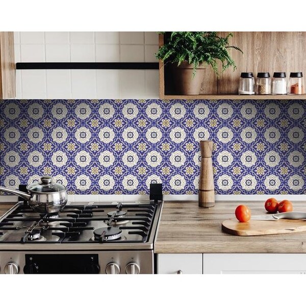 Homeroots 8 x 8 in. Blue, White & Gold Mosaic Removable Tiles - 399834