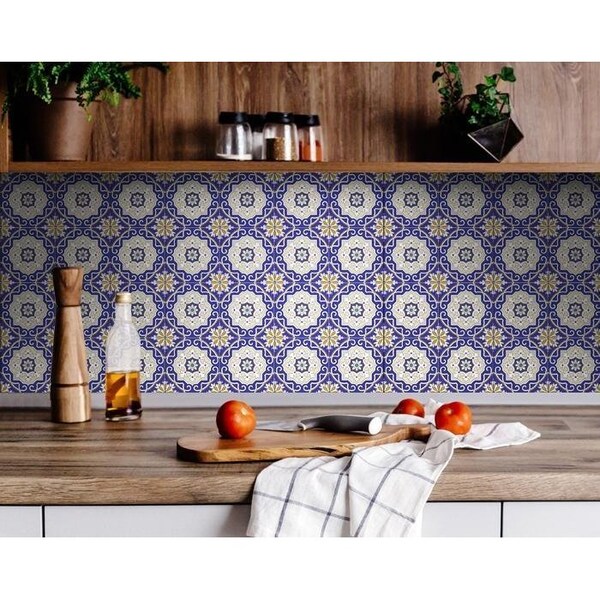 Homeroots 8 x 8 in. Blue, White & Gold Mosaic Removable Tiles - 399834