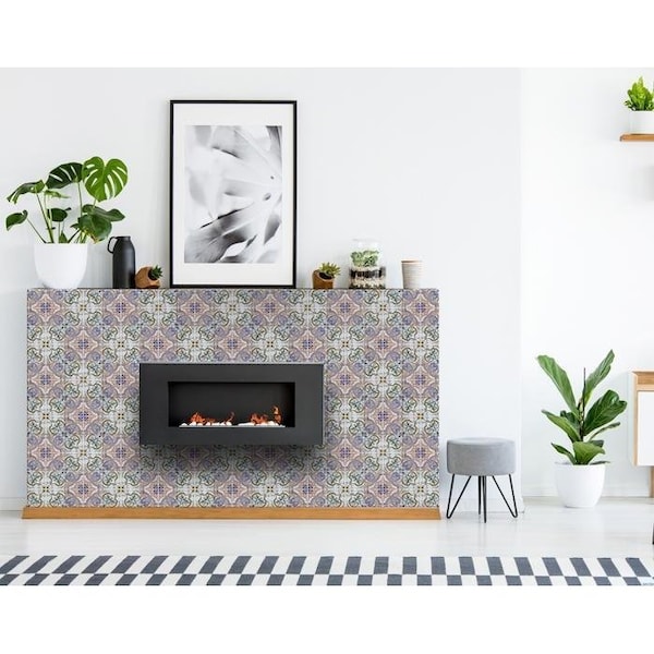 Homeroots 5 x 5 in. Muted Pastel Scroll Green Peel & Stick Tiles - 400101