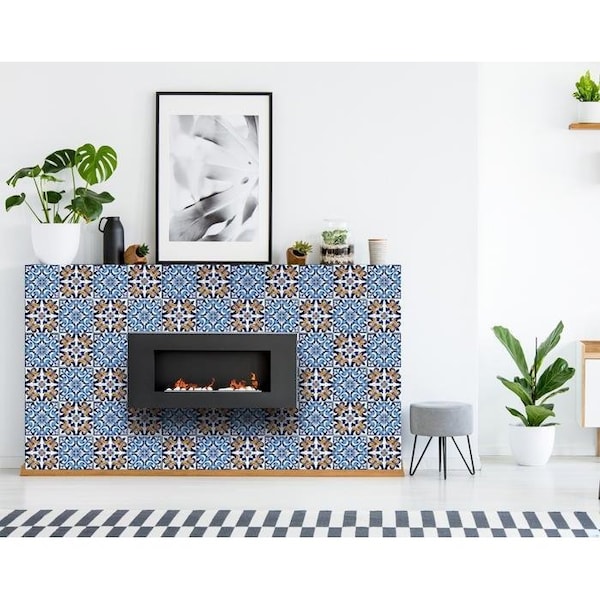 Homeroots 7 x 7 in. Blue White Golden Peel & Stick Tiles - 400174