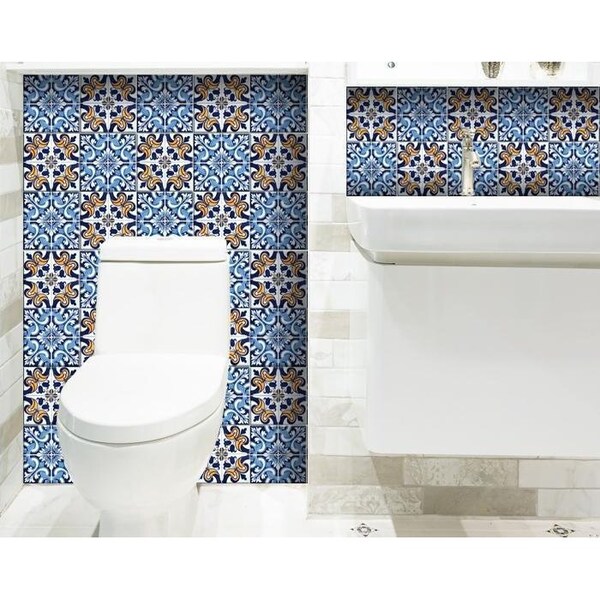 Homeroots 7 x 7 in. Blue White Golden Peel & Stick Tiles - 400174