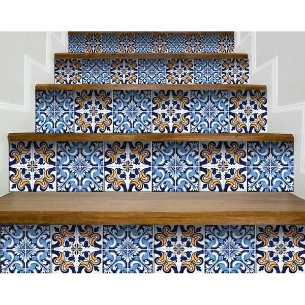 Homeroots 7 x 7 in. Blue White Golden Peel & Stick Tiles - 400174
