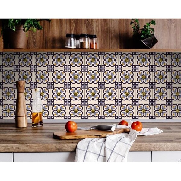 Homeroots 7 x 7 in. Azul Flora Blue Peel & Stick Removable Tiles - 400013