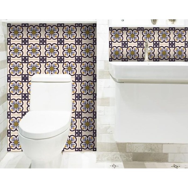 Homeroots 7 x 7 in. Azul Flora Blue Peel & Stick Removable Tiles - 400013