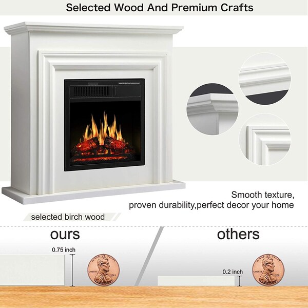 Edendirect 36.17'' 1500W heater, 7 flame brightness, overheat protection, remote control electric fireplace - M1804A-WHITE+M1804C