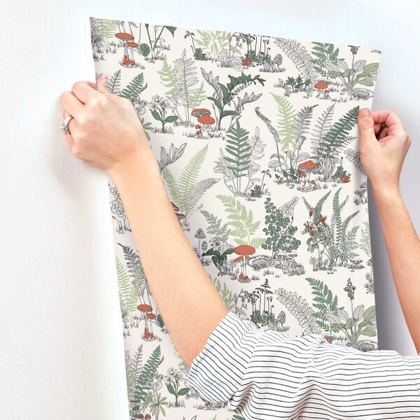 York Wallcoverings Mushroom Garden Toile Red and Green Wallpaper - RT7891