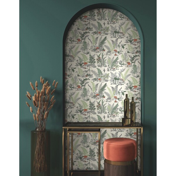 York Wallcoverings Mushroom Garden Toile Red and Green Wallpaper - RT7891