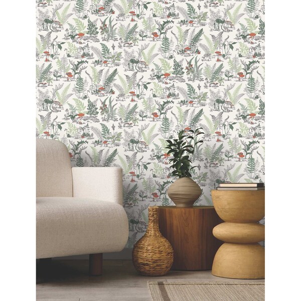 York Wallcoverings Mushroom Garden Toile Red and Green Wallpaper - RT7891